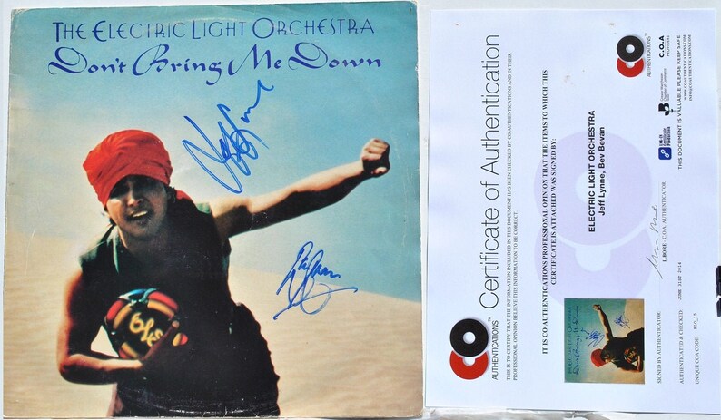 ELO DONT BRING Me Down Signed Album Sleeve X2 Discovery Jeff Lynne, Bev Bevon, wcoa