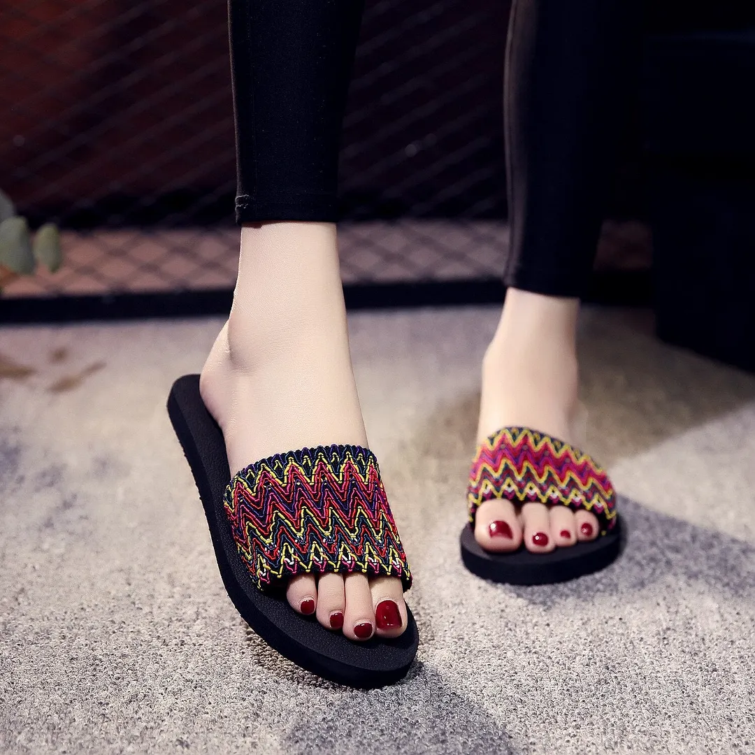 Women Shoes Summer Bohemia Floral Beach Sandals Pink Bow Slippers Flip Flops For Women Platform Sandals Beach Slippers 1.5CM
