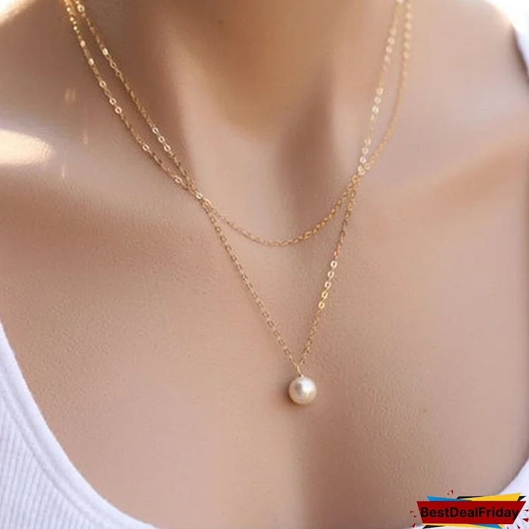 Womens Double Gold Plated Chains Pearl Charm Pendant Necklace