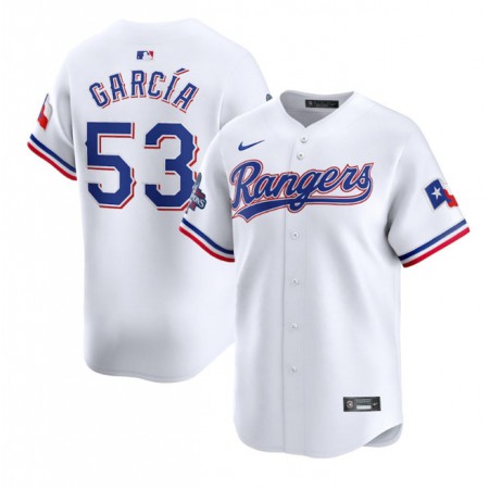 Men's Texas Rangers #53 Adolis Garcia White 2023 World Series Champions Stitched Baseball  Jersey