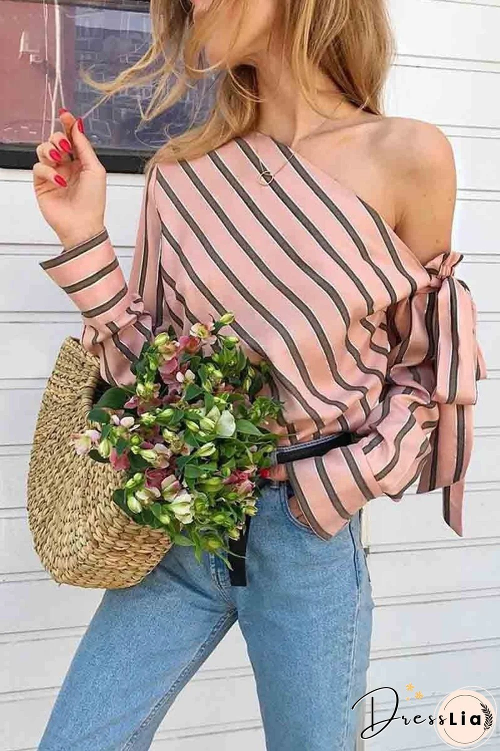 Slanted Shoulder Striped Top