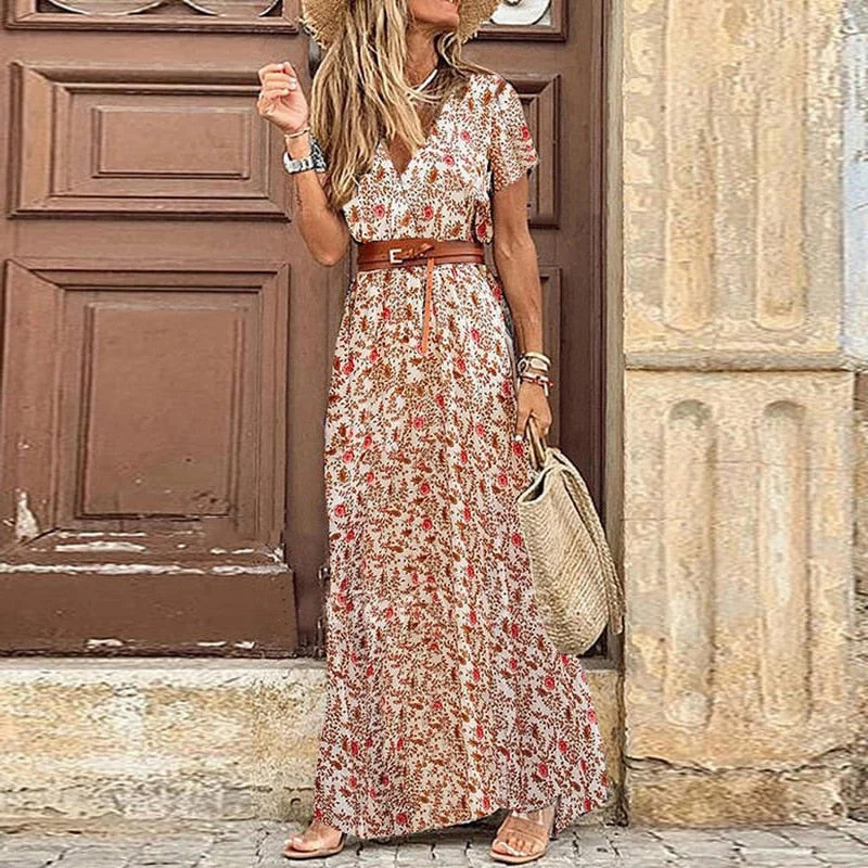Summer Boho Long Dress Women Beach Floral Print Belted Maxi Dress Casual V-Neck Party Holiday Sundress Ladies Dress Plus Size 0401