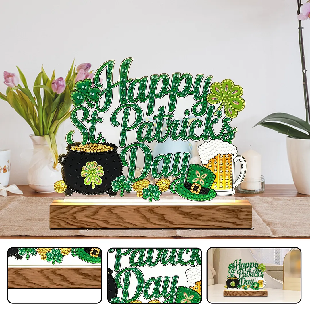 Saint Patrick DIY Acrylic Diamond Painting Night Light for Adults Beginner Diamond Art Table Lamp with Wooden Base for Woman Man Desk Bedroom Tabletop Decor