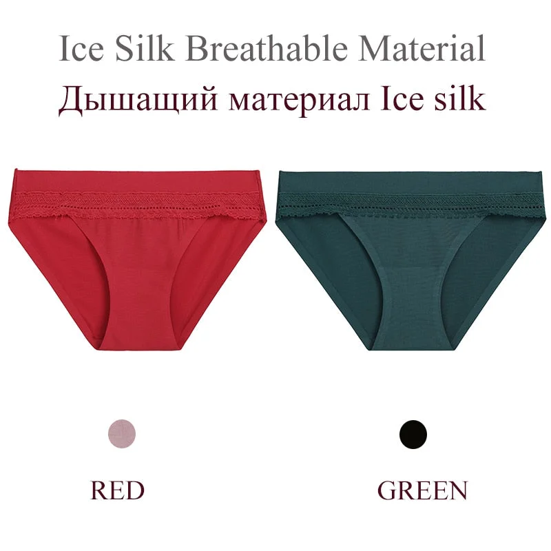 FINETOO 2PCS/Set Woman Lace Sexy Panties Ice Silk Women Underwear Seamless Low-Rise Lingerie Female Breathable Girls Panty 2021