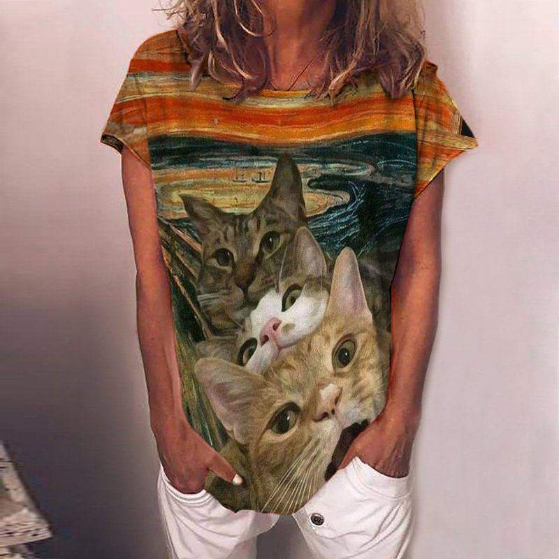 Casual Oil Painting Cat Print Short Sleeve T-Shirt wearshes