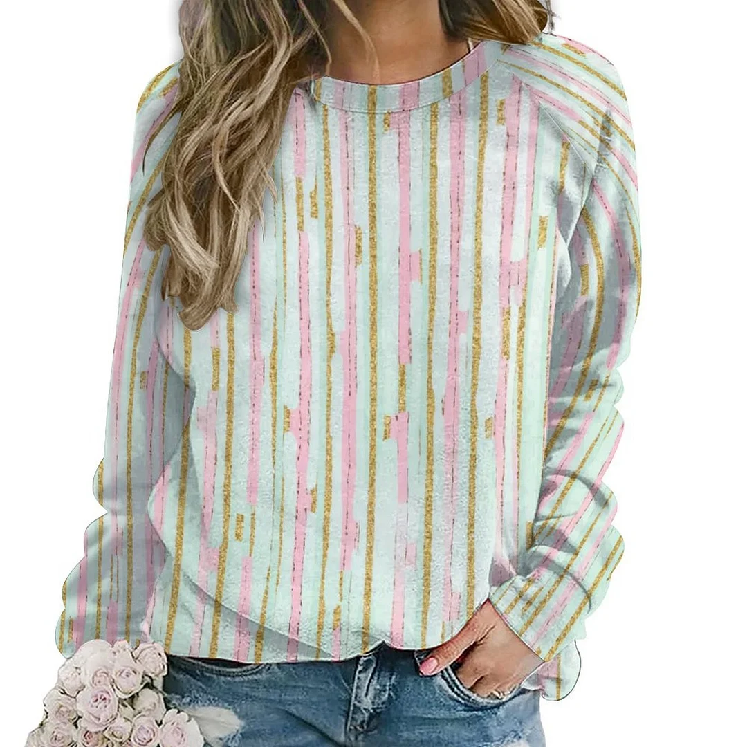 Printed Long Sleeve Casual Sweatshirt for  Women and Men Unisex Pattern Striped, Green, Pink