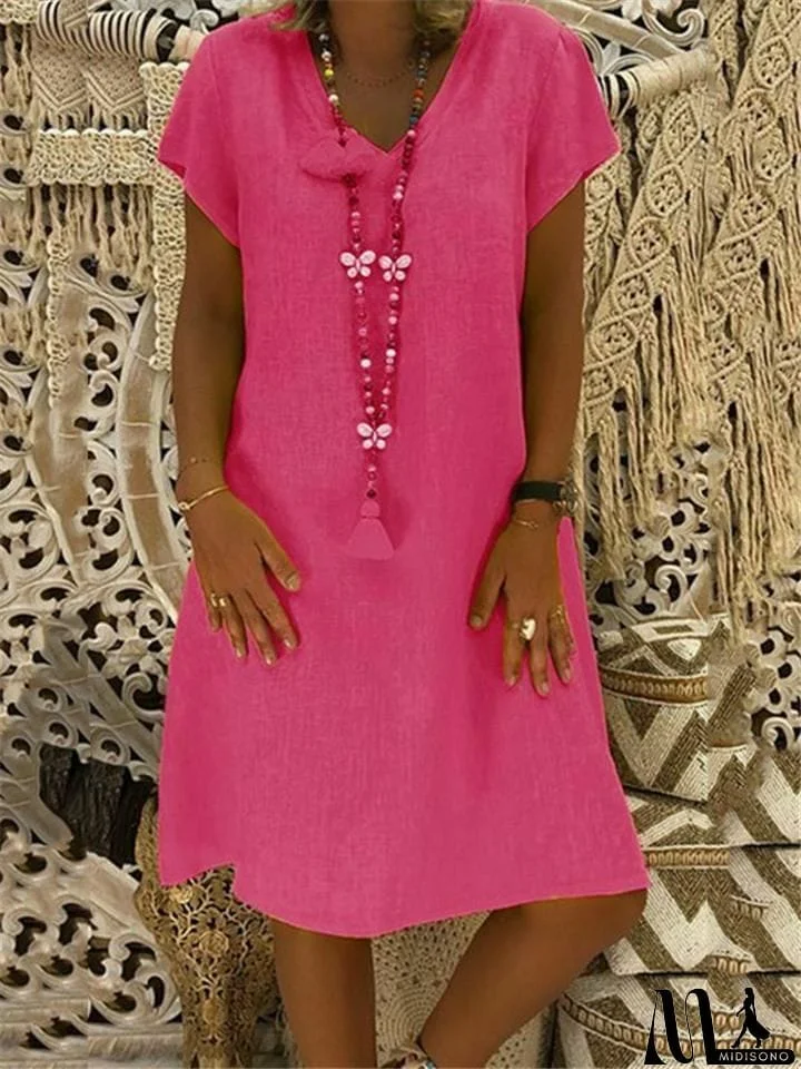 MidiSono - Women's Cozy Short Sleeve Midi Length Shift Dress