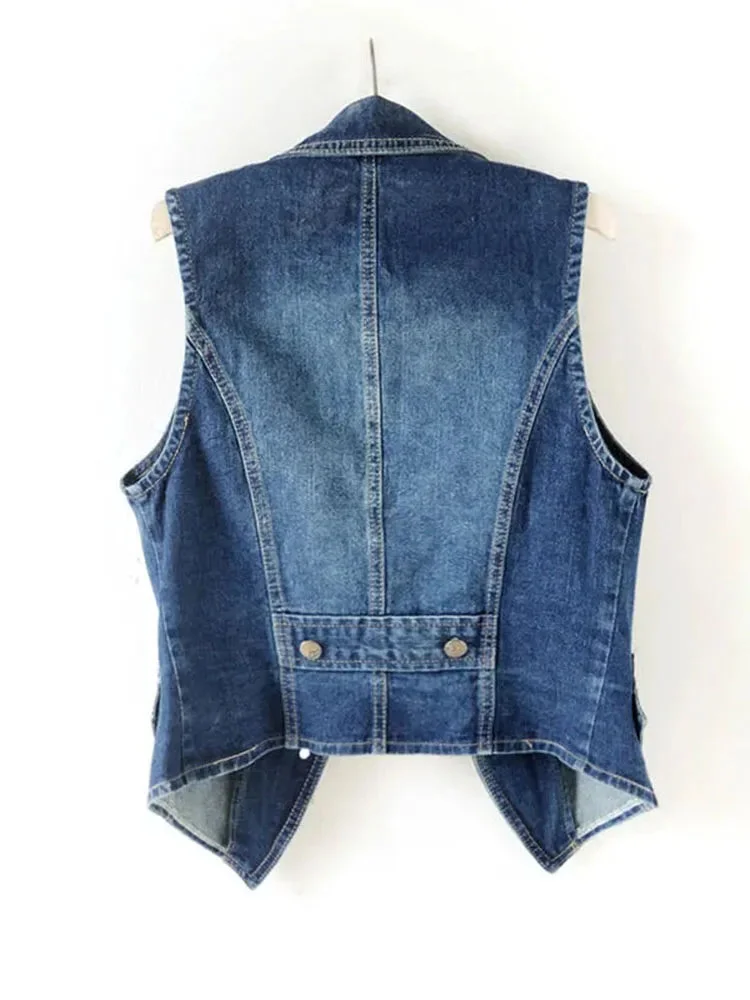 Huiketi Women Denim Vest Fashion Zipper Spring Jeans Jacket Sleeveless Loose Short Coat Causal Blue Waistcoats 5XL