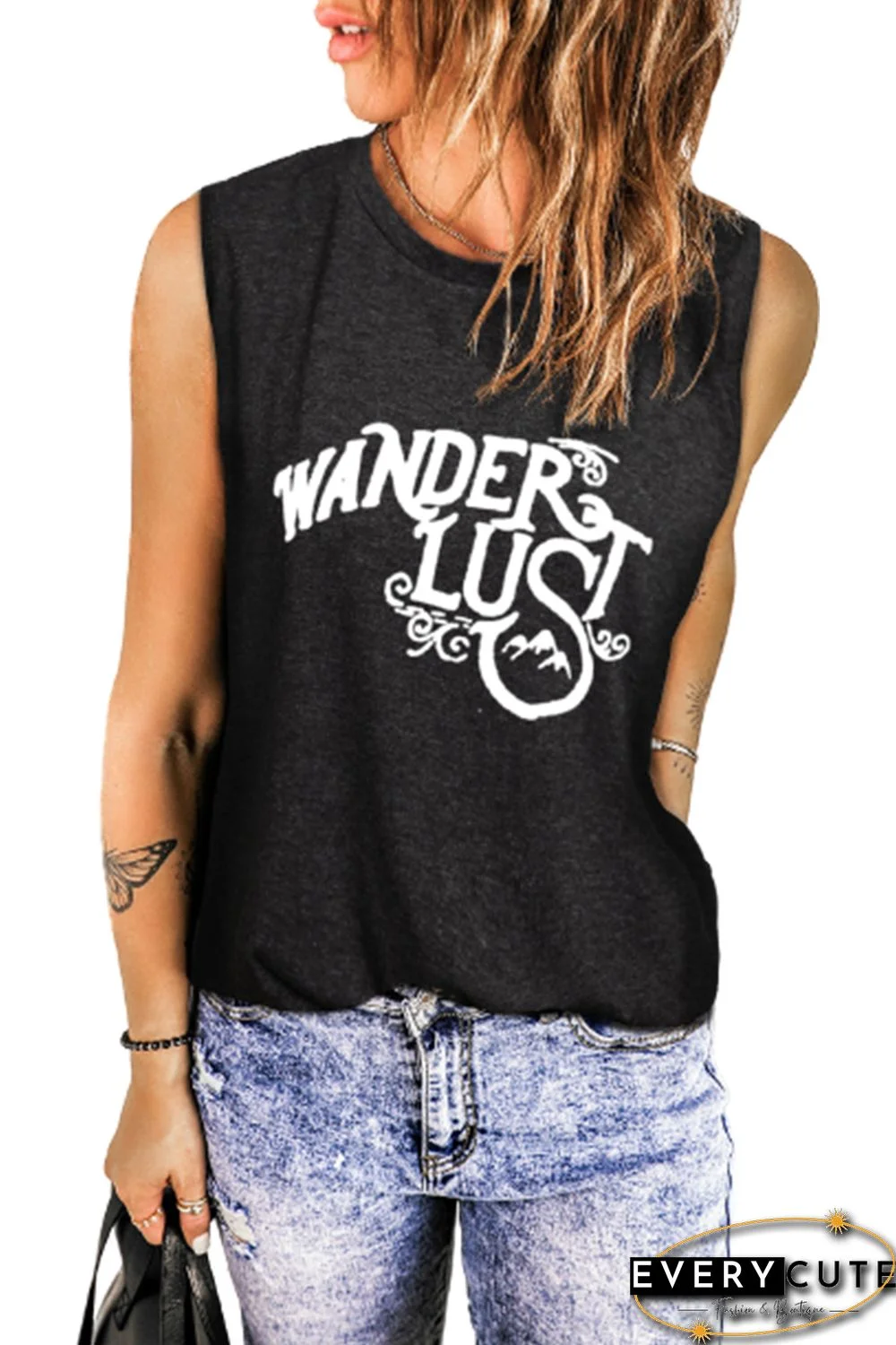 Black WANDER LUST Graphic Tank Top