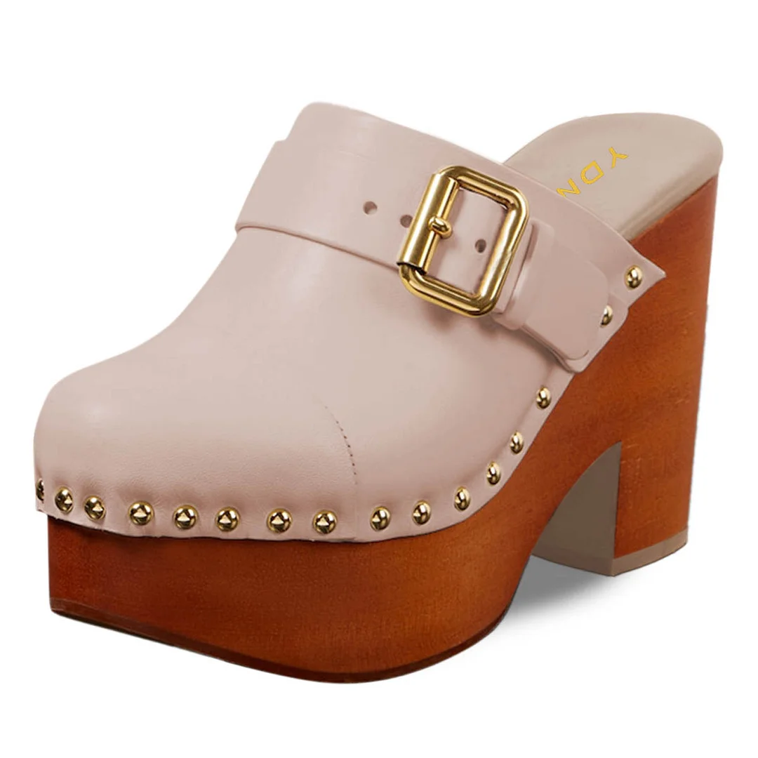 Light Pink Round-Toe Chunky Heel Platform Mules with Buckle Strap