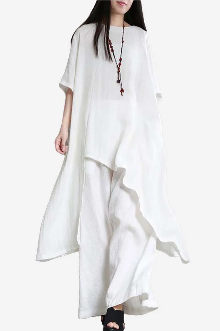Round Neck Short Sleeve Irregular Hem Top Wide Leg Pants Matching Sets