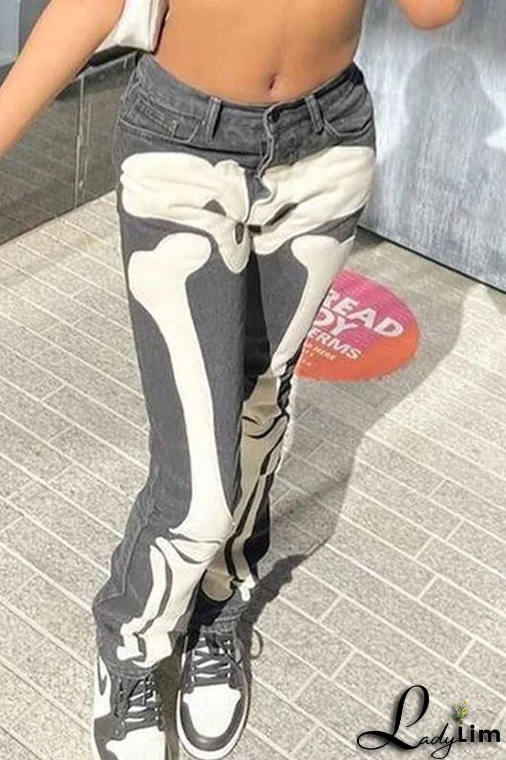 Black Casual Street Print Patchwork High Waist Denim Jeans