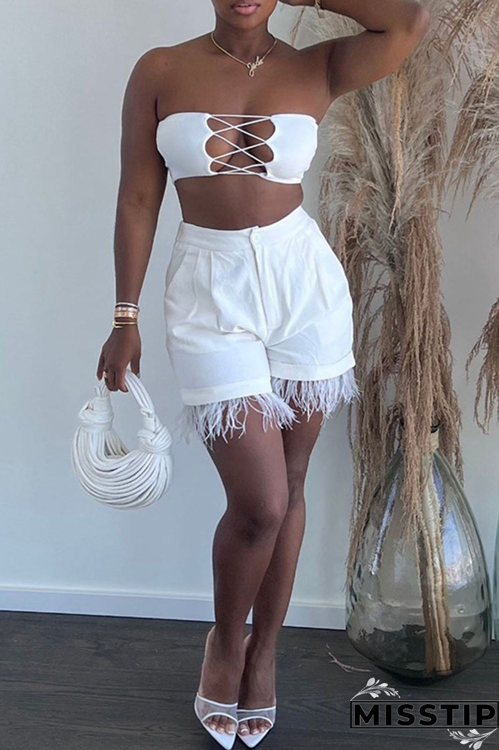 White Casual Solid Patchwork Feathers High Waist Straight Solid Color Bottoms