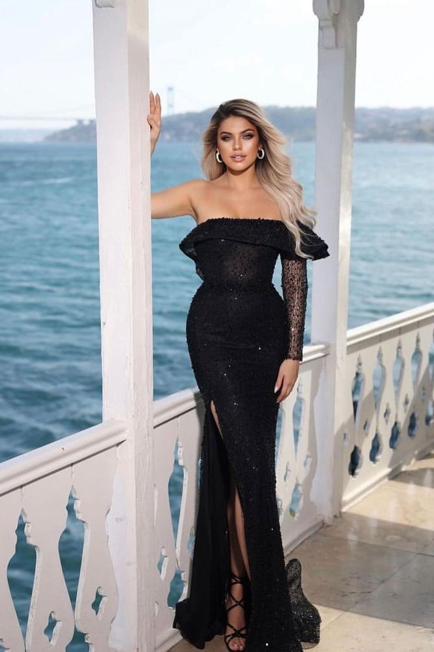 Lvs&Broner Black Sequins One Shoulder Long Sleeve Mermaid Long Prom Dress With Split