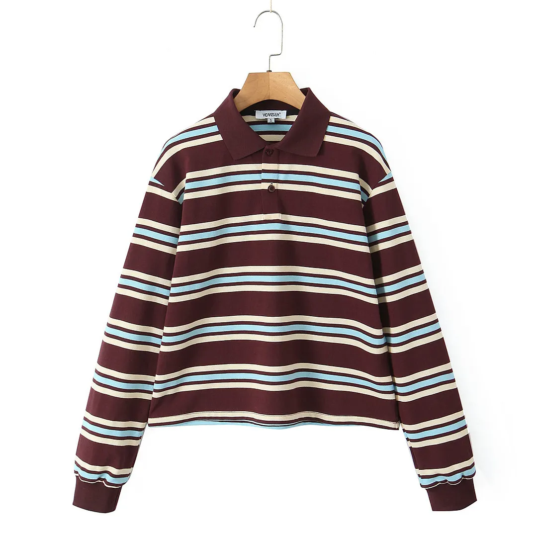 Nigikala Nigikala Autumn New Women's College Style Bumpy Horizontal Striped POLO Shirt Long-Sleeved T-Shirt Girl