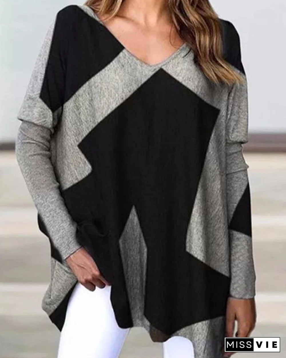 Geometric Line Print Casual Long-Sleeved Top