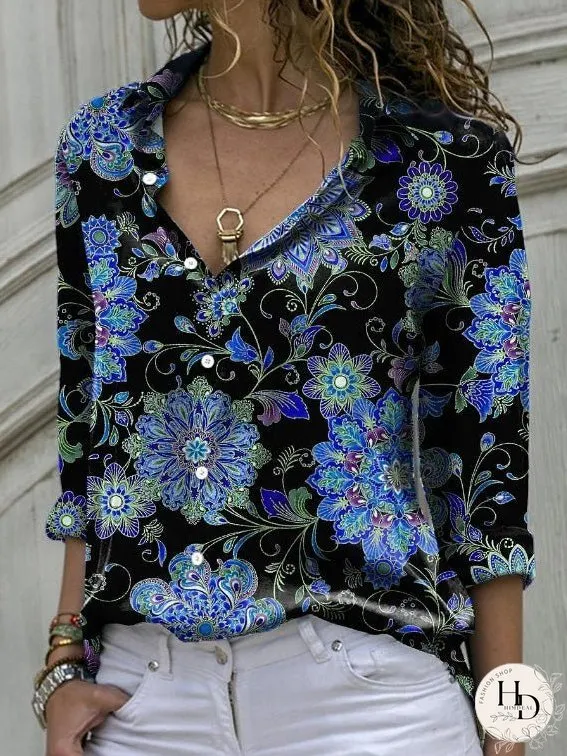 Blouses Graphic Print Button Long Sleeve Blouse for Women