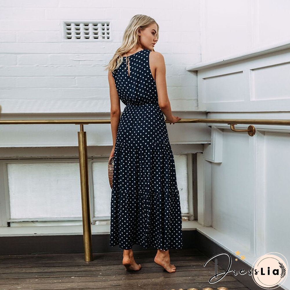 Holiday Summer Women Boho Sleeveless Maxi Polka Dot Dress Casual Beach Long Dress