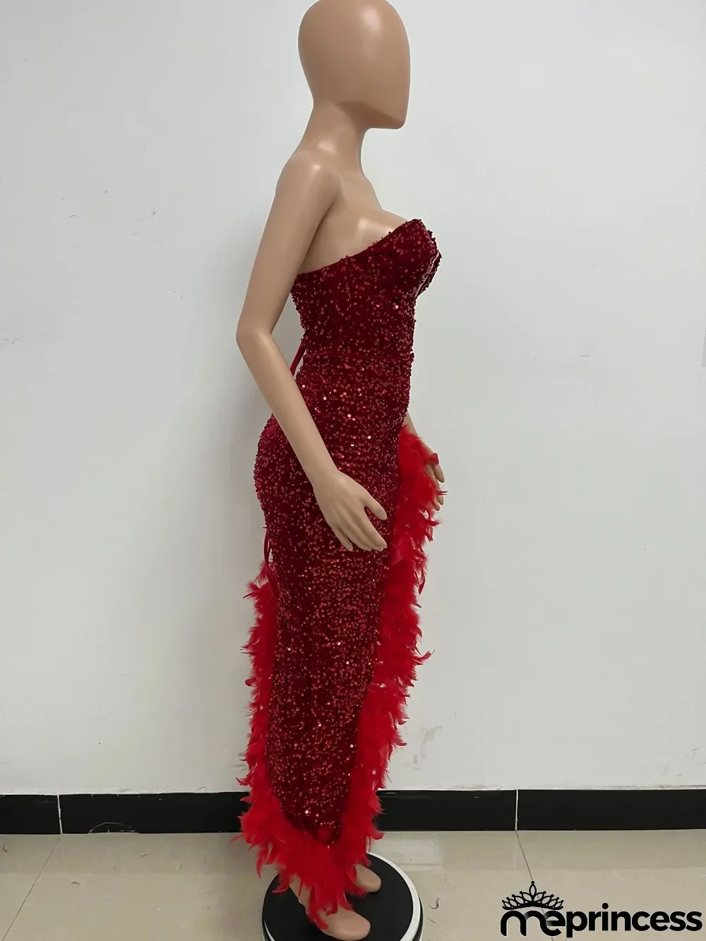 Women Sexy Off Shoulder Backless Sequin Feather Dress