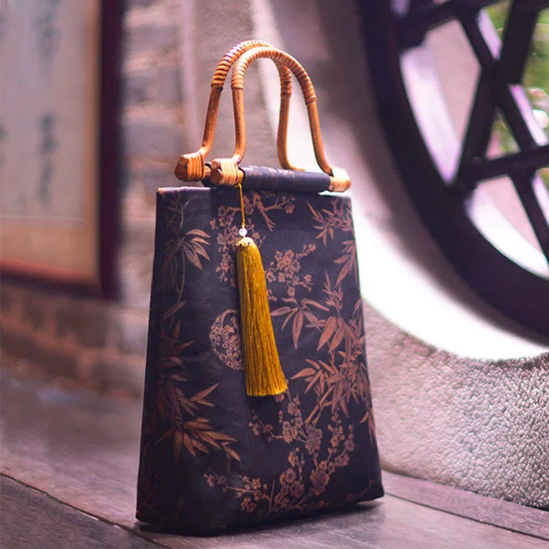 Vintage Mulberry Silk Tassel Bamboo Handle Flower Leaf Handbag