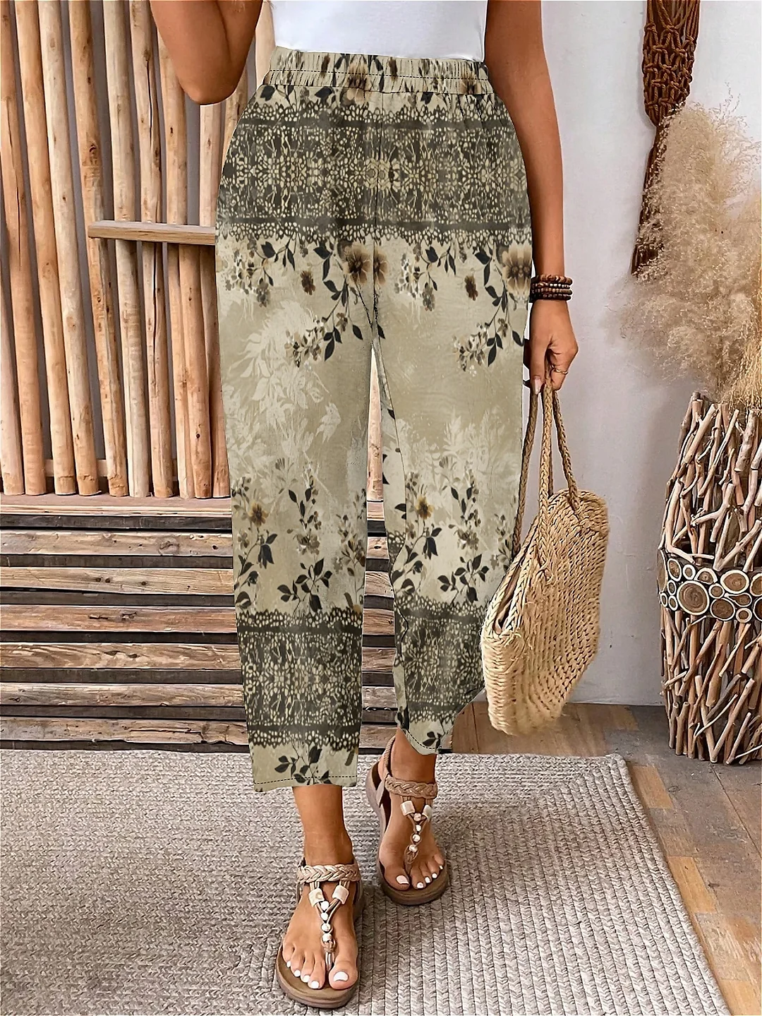 Plus Size Elastic Waist Khaki,Floral,Bohemian Printed Pants