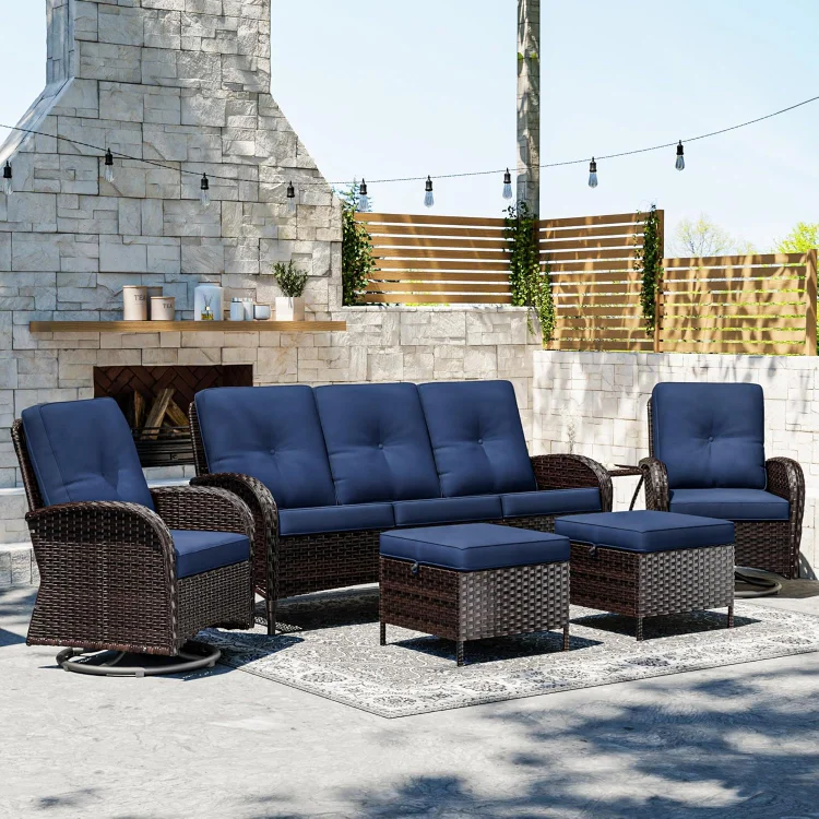 6 Piece Patio Furniture Set, Outdoor Wicker Conversation Sets with Swivel Rocker Chairs and Sofa, Thick Cushion, Rattan Patio Sectional for Porch