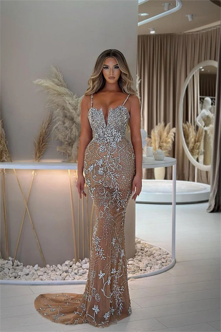Hellodresses Exquisite Spaghetti Strap Sleeveless Mermaid Beaded Long Evening Dress With Embroidery