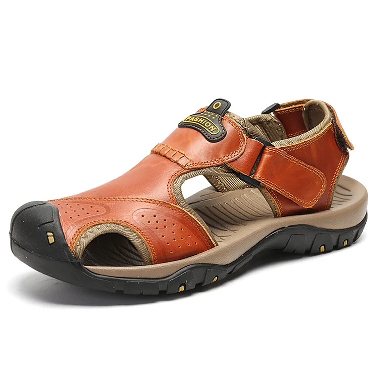 Men Outdoor Closed Toe Non Slip Hook Loop Hiking Leather Sandals