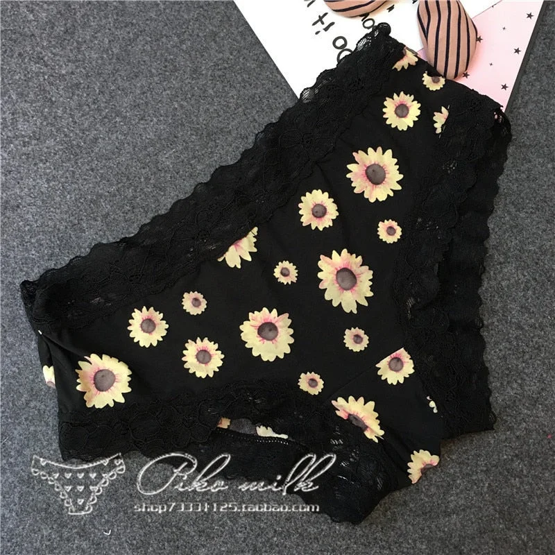 European Style Sexy Underwear Women's Ice Silk Printing Panties Fashion Lace Briefs Ladies Low Waist Underpants Female Lingerie