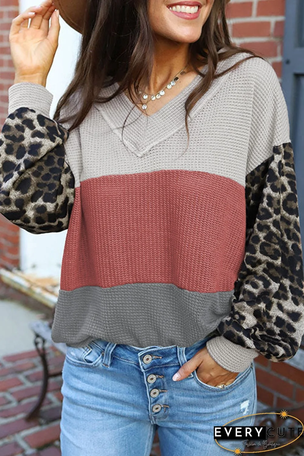 Red Wild Leopard Contrast Sleeve Colorblock Waffle Knit Top