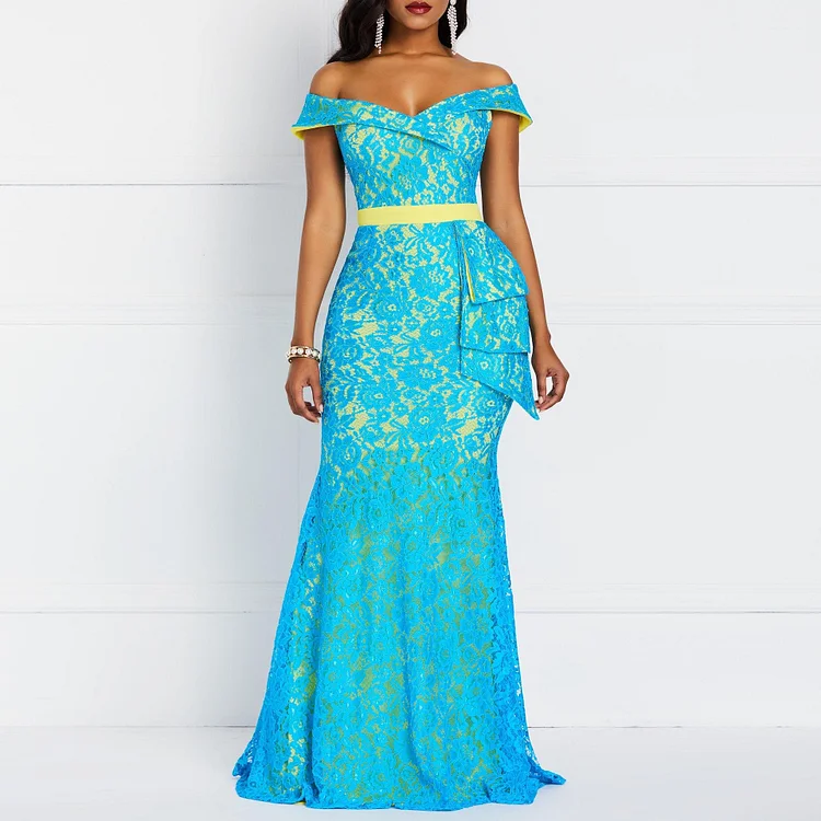 Promsstyle Promsstyle Off shoulder stitching color bow knot lace maxi dress Prom Dress 2023