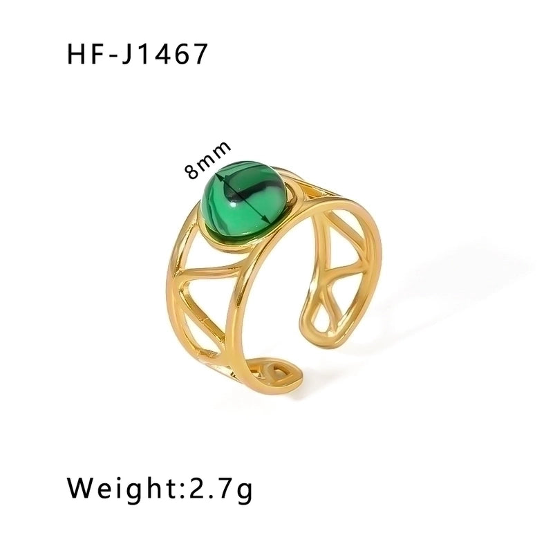 Stainless Steel 18K Gold Plated Basic Vintage Style Plating Inlay Round Natural Stone Open Rings