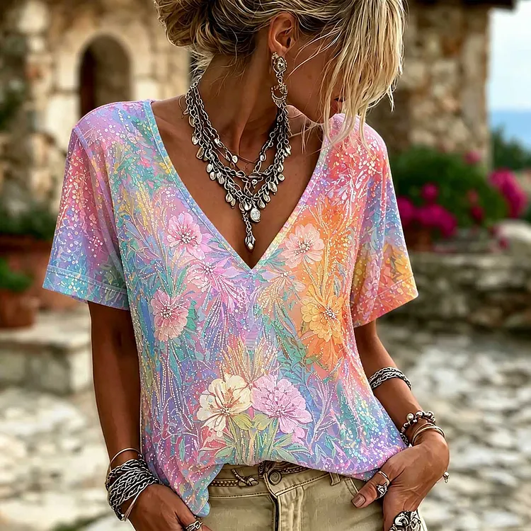 Iridescent Rainbow Sequin Floral Embroidery Mesh V-neck Blouse For Women, Sparkly Multicolor Rhinestone Short Sleeve Bohemian Party Vacation Top