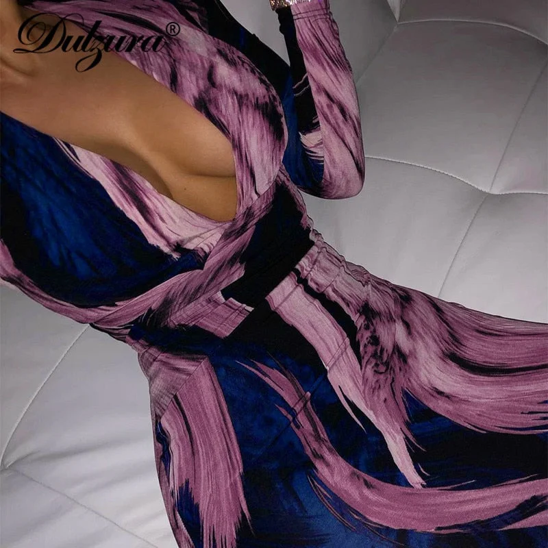 Dulzura tie dye print women midi dress deep v neck bodycon sexy party streetwear 2019 autumn winter clothes Christmas elegant