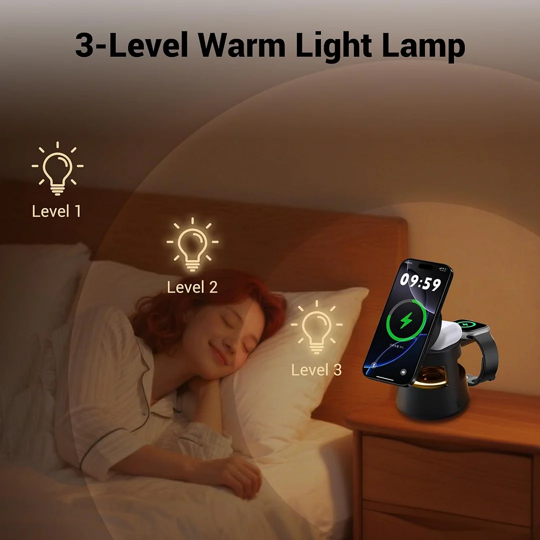 5-in-1 Wireless Charging Station with Bluetooth Speaker, Magnetic Fast Charger, and Night Light