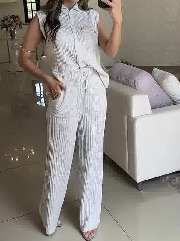 Women's Sleeveless Lapel Knitted Sleeveless Casual Fashion Straight Pants Suit