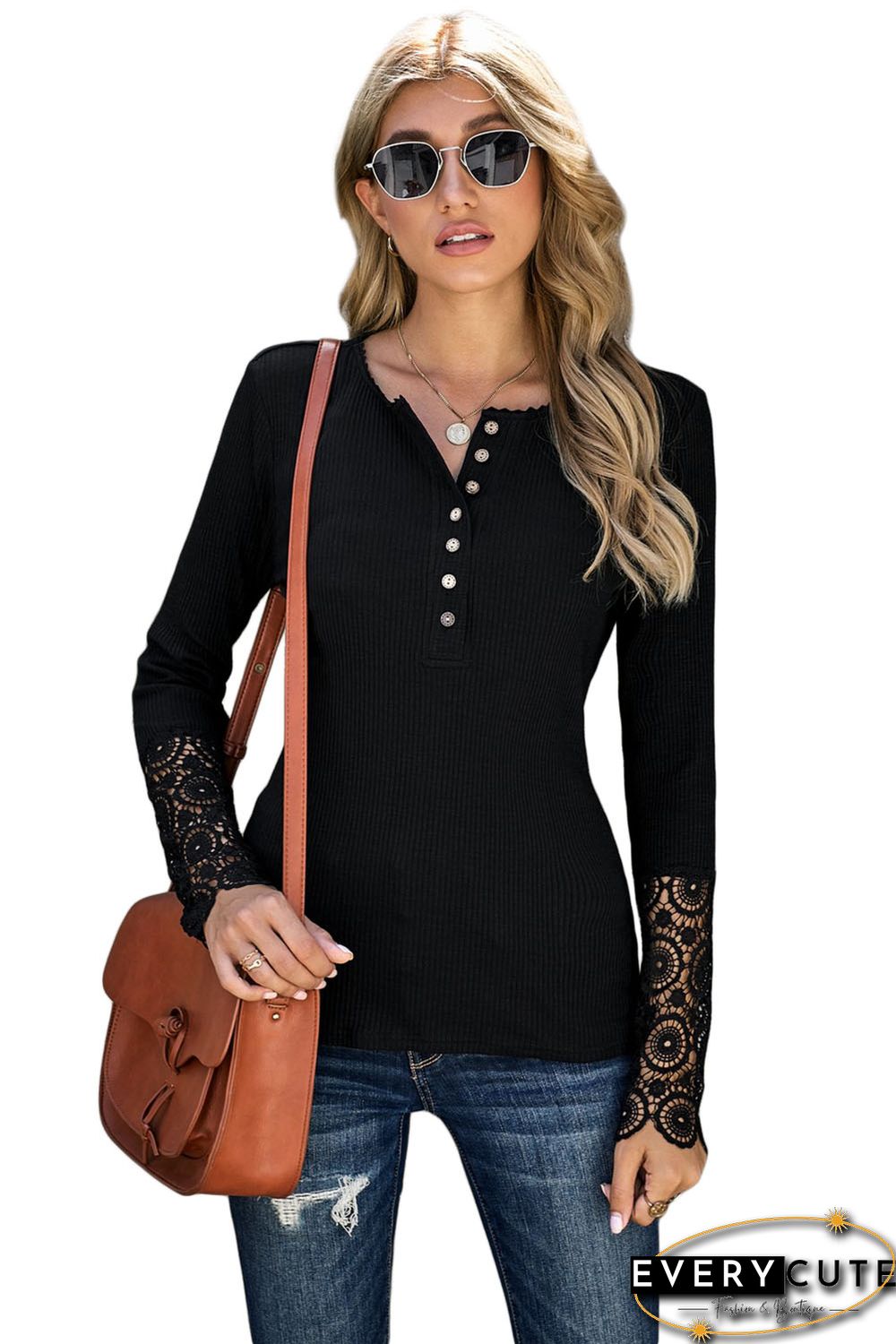 Black Crochet Lace Hem Sleeve Button Top