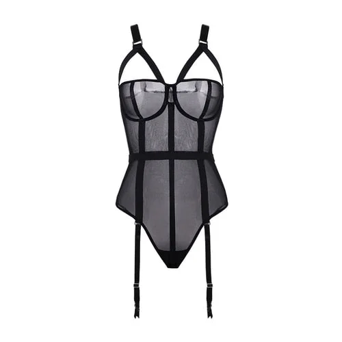 Sexy Lace Mesh Bodysuit Deep V Neck Crotchless Strappy Bandage Jumpsuit Suspenders Plastic Bustier Corset Women Garter