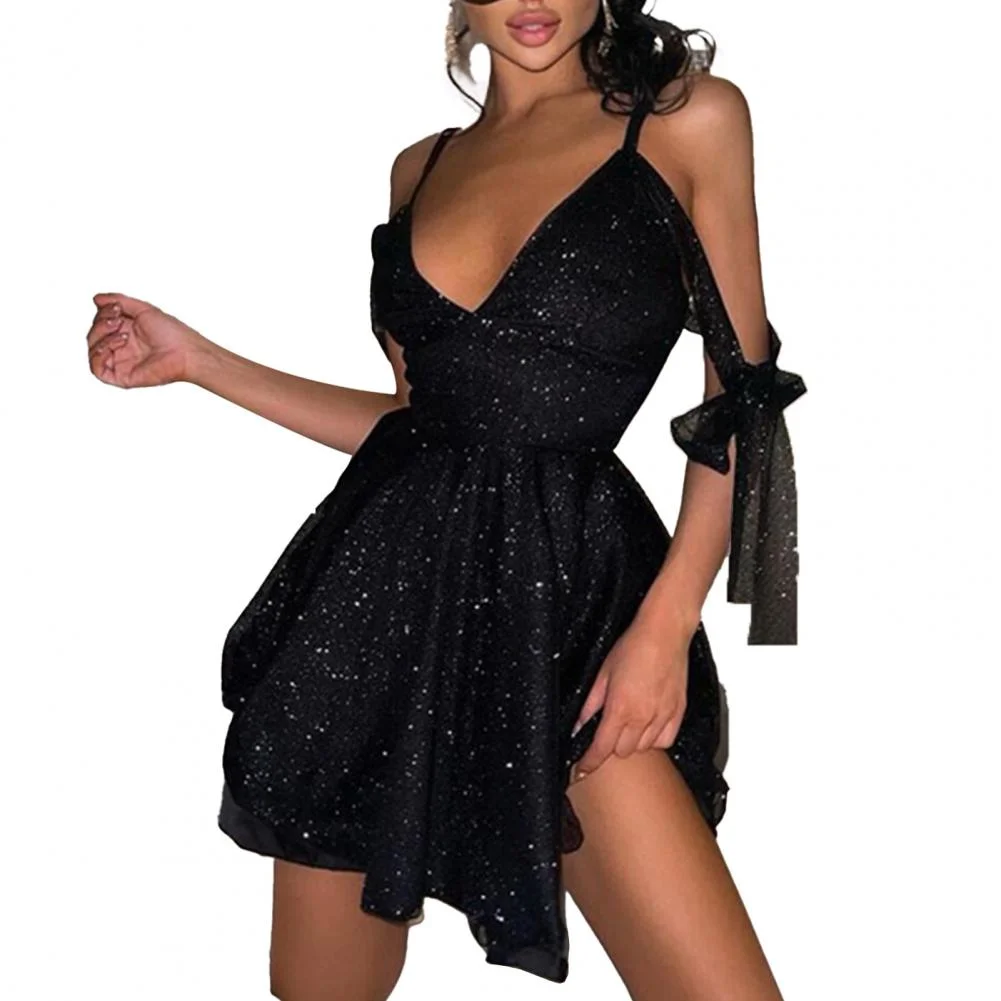 Women Sequins Glitter Dress Deep V Neck Halter Solid Sparkle Sling Lace-up Short Mini Dress Evening Party Dress Club Dress