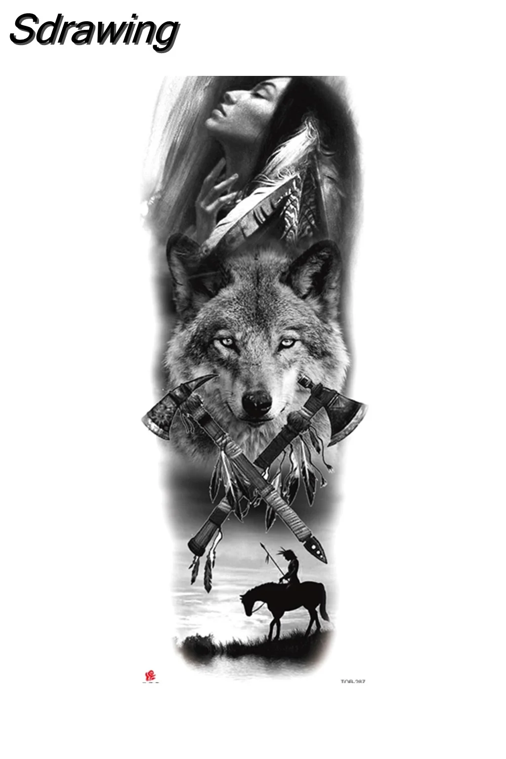 Sdrawing Arm Temporary Tattoo Wolf Lion Fish Horns Geometric Man Body Leg Rose Flower Phoenix Waterproof Sticker Cool Women Tatoo 430-1