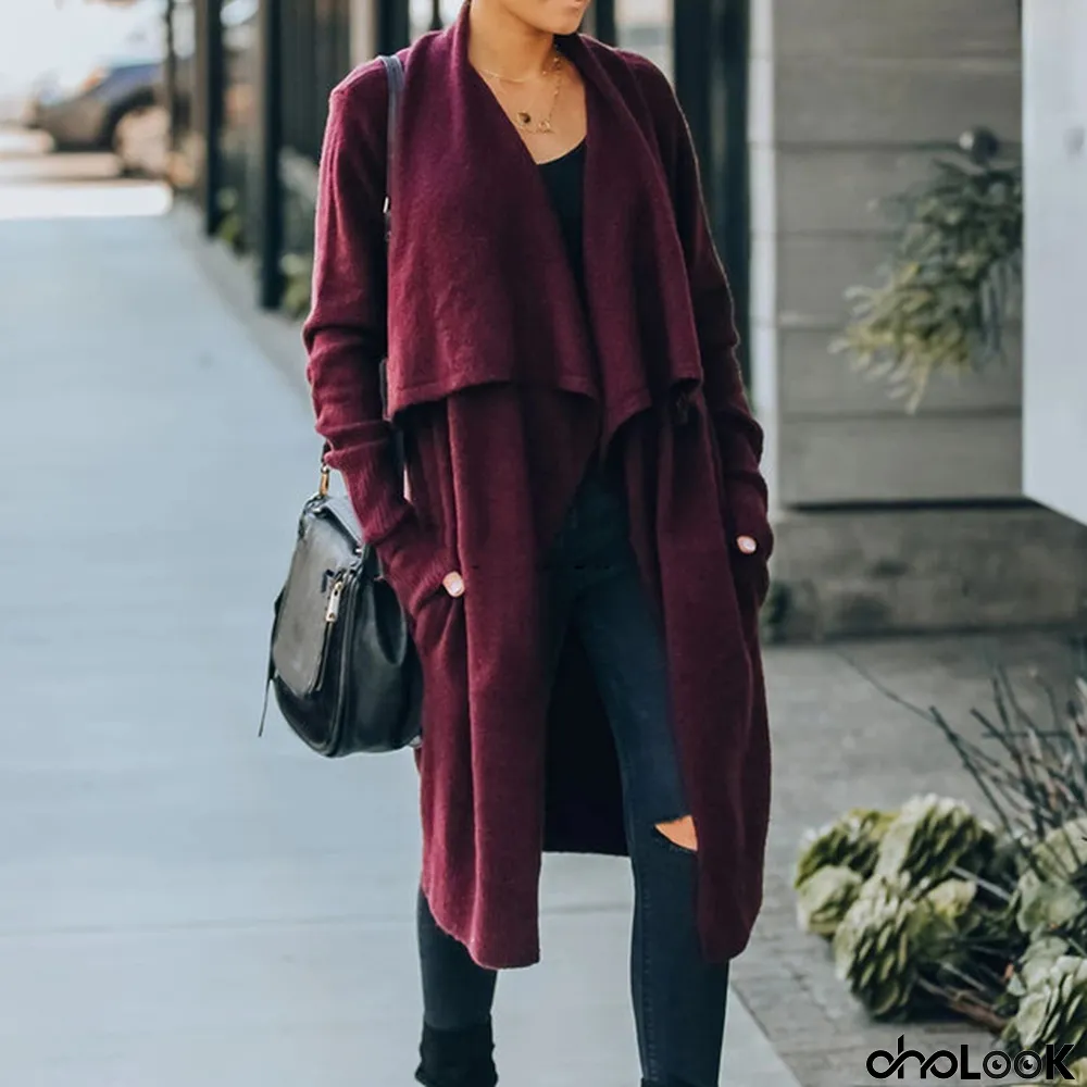 Women's Retro Autumn and Winter Lapel Oversized Solid Color Cardigan