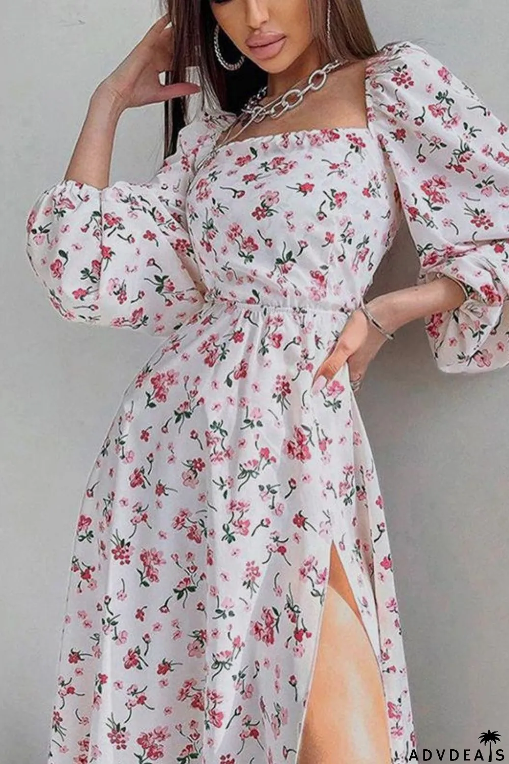 Sexy Elegant Square Neck Puff Sleeve Floral Backless Slit Wedding Guest Dress