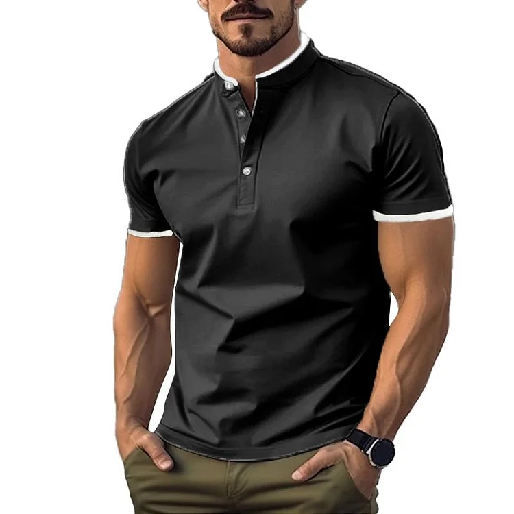 Men's Casual Solid Color Stitching Breathable Stand Collar Short Sleeve T-Shirt
