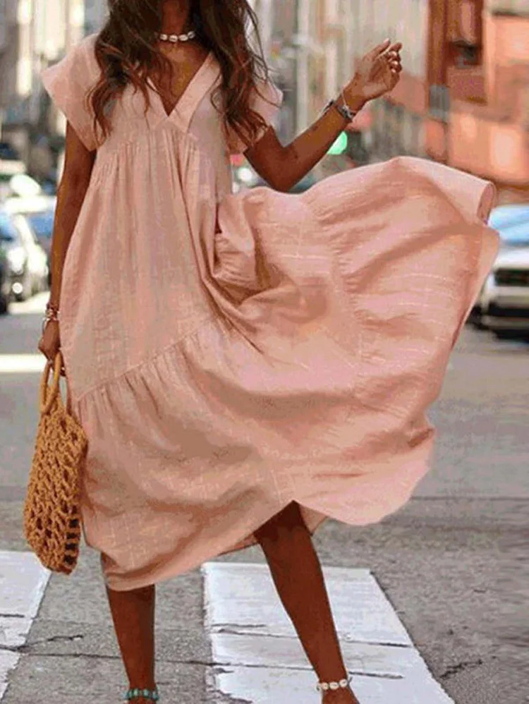 Women's Casual Solid Color Irregular Stitching V-Neck Dress