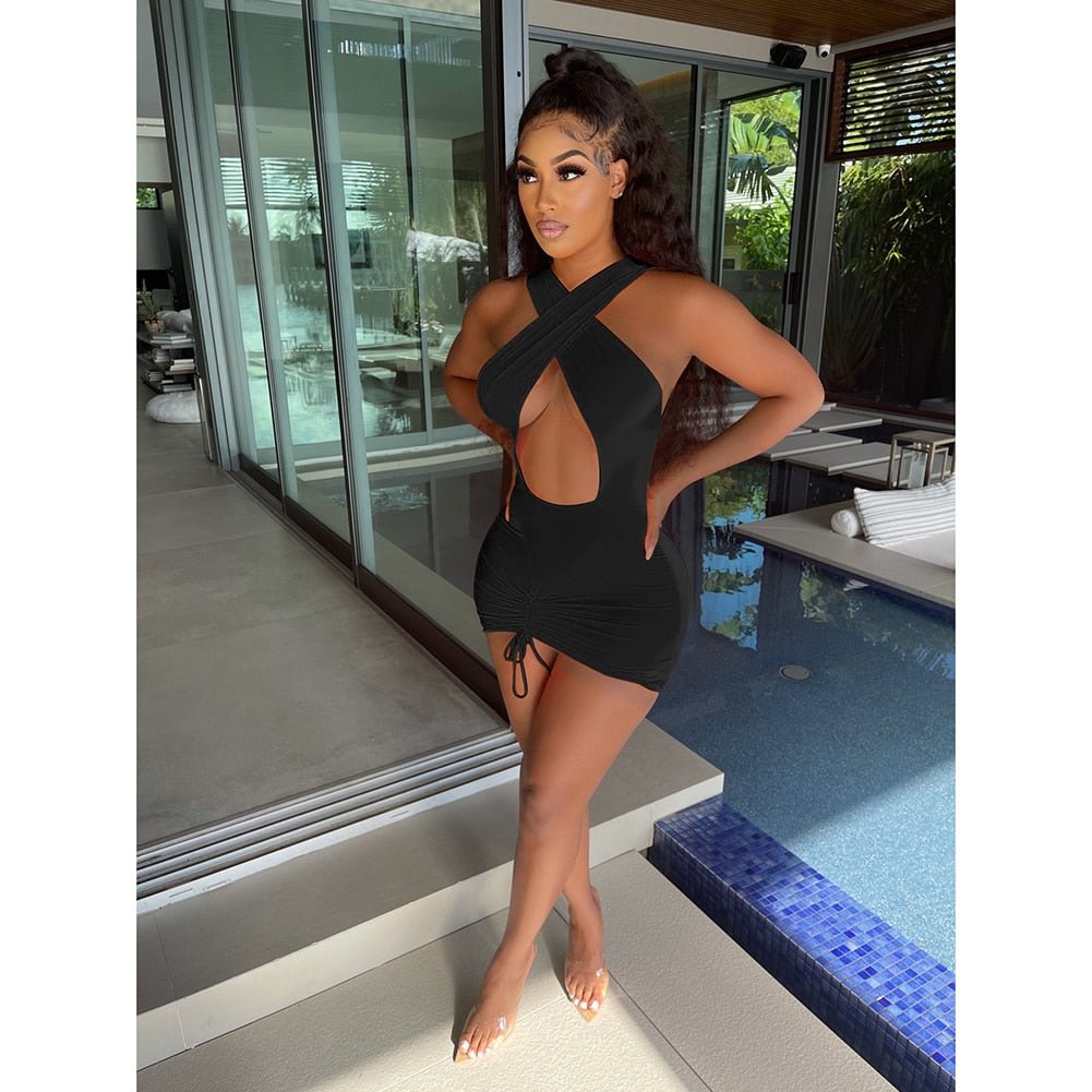 hirigin Sexy Ruched Night Party Dress 2021 Club Outfits for Women Cut Out Cross Halter Backless Summer Cute Mini Bodycon Dresses