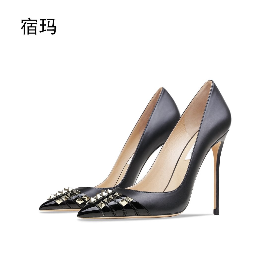 2022 New Real Leather Women For Office Shoes Fashion Rivet High Heel Shoes 10CM Brand Pumps Sexy Stiletto Heels Wedding Shoes
