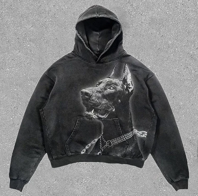 Hip Hop Doberman Dog Printed Gothic Hoodie Streetwear Y2k Zipless Pocket Hoodie-VESSFUL