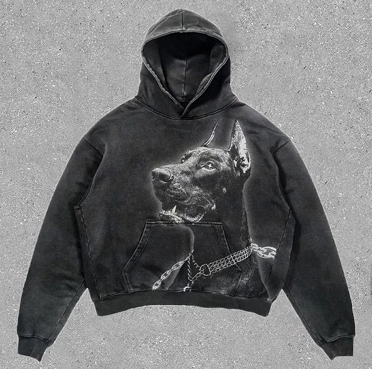 Hip Hop Doberman Dog Printed Gothic Hoodie Streetwear Y2k Zipless Pocket Hoodie at Hiphopee