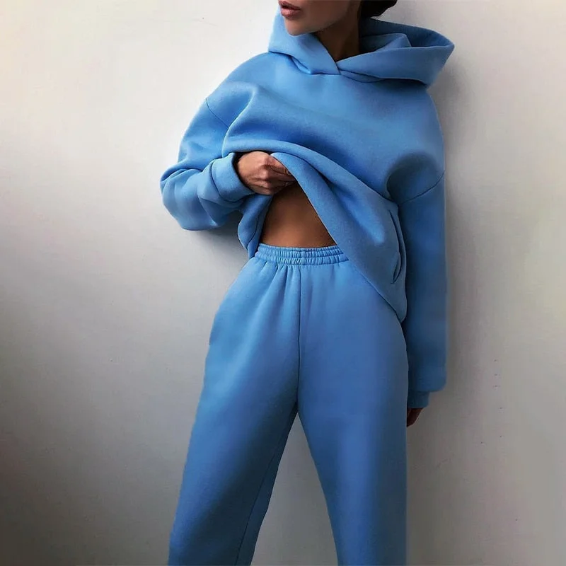 Casual Autumn Winter Two Piece Set For Women Tracksuit Harajuku Hooded Sweatshirt And Elastic Waist Long Pant 2021 Solid Outfits