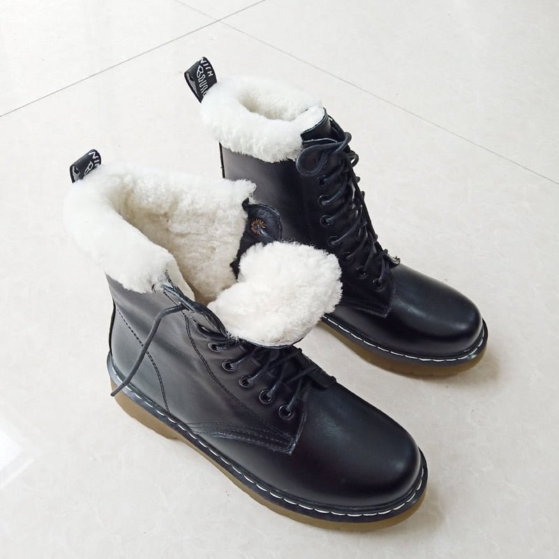 Meotina Natural Wool Fur Platform Mid Heel Motorcycle Boots Women Shoes Real Leather Short Boots Lace Up Block Heels Ankle Boot